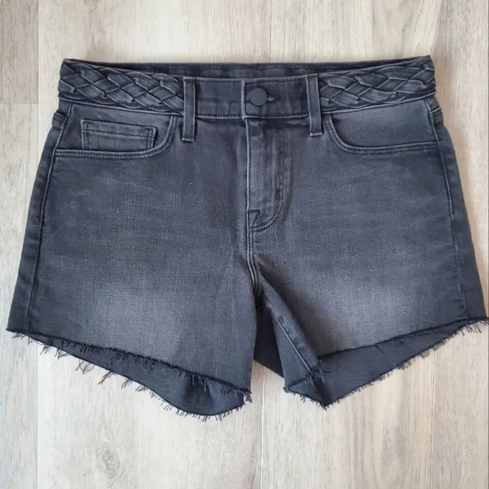 L'Agence Sonia mid rise braided detail jean shorts vintage black 25